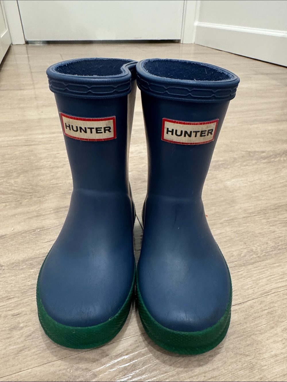 Hunter Kids Navy Blue Rain Boots with Green Soles